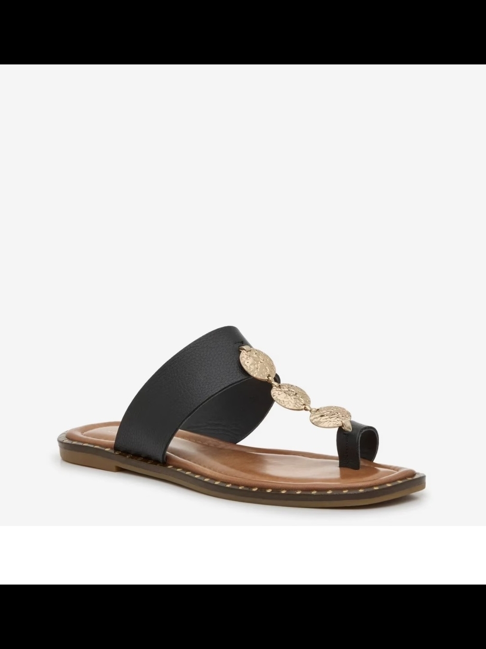 Black Leather-Look Toe-Ring Sandal with Gold Accent